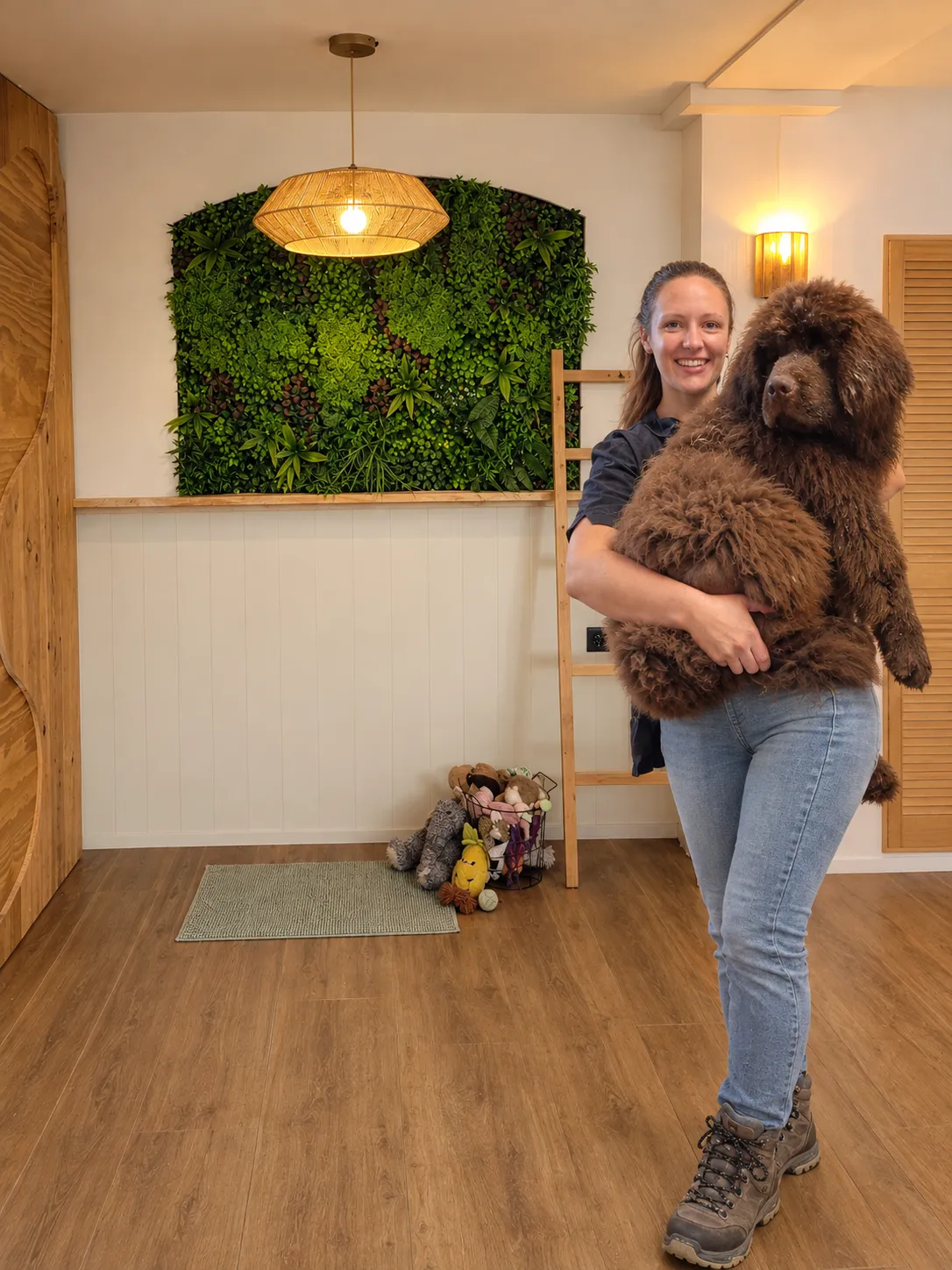 Cynthia staat lachend in haar salon voor de groene plantenwand, met Humphrey, een newfoundlander pup, in haar armen