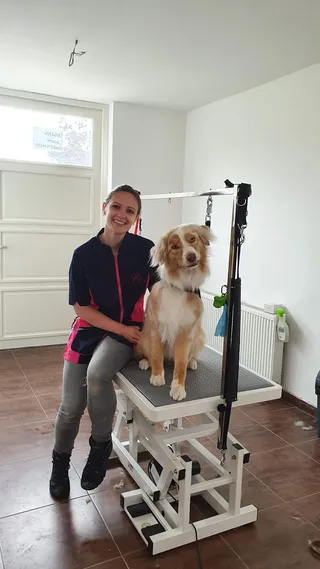 Cynthia zit naast Luna, een australische herder, op de trimtafel